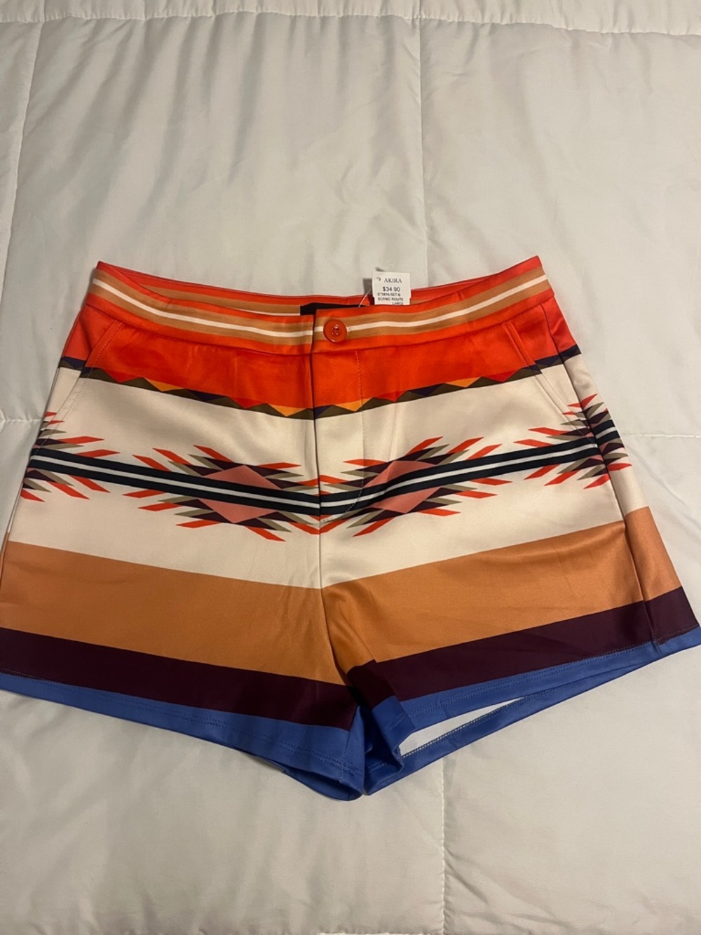 AKIRA High-Waist Aztec Stripe Shorts — Orange, Blue & Tan